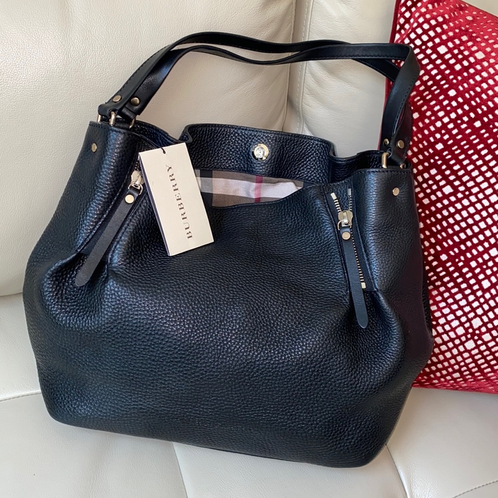 Burberry Black Pebbled Leather Tote with Signature Check Interior